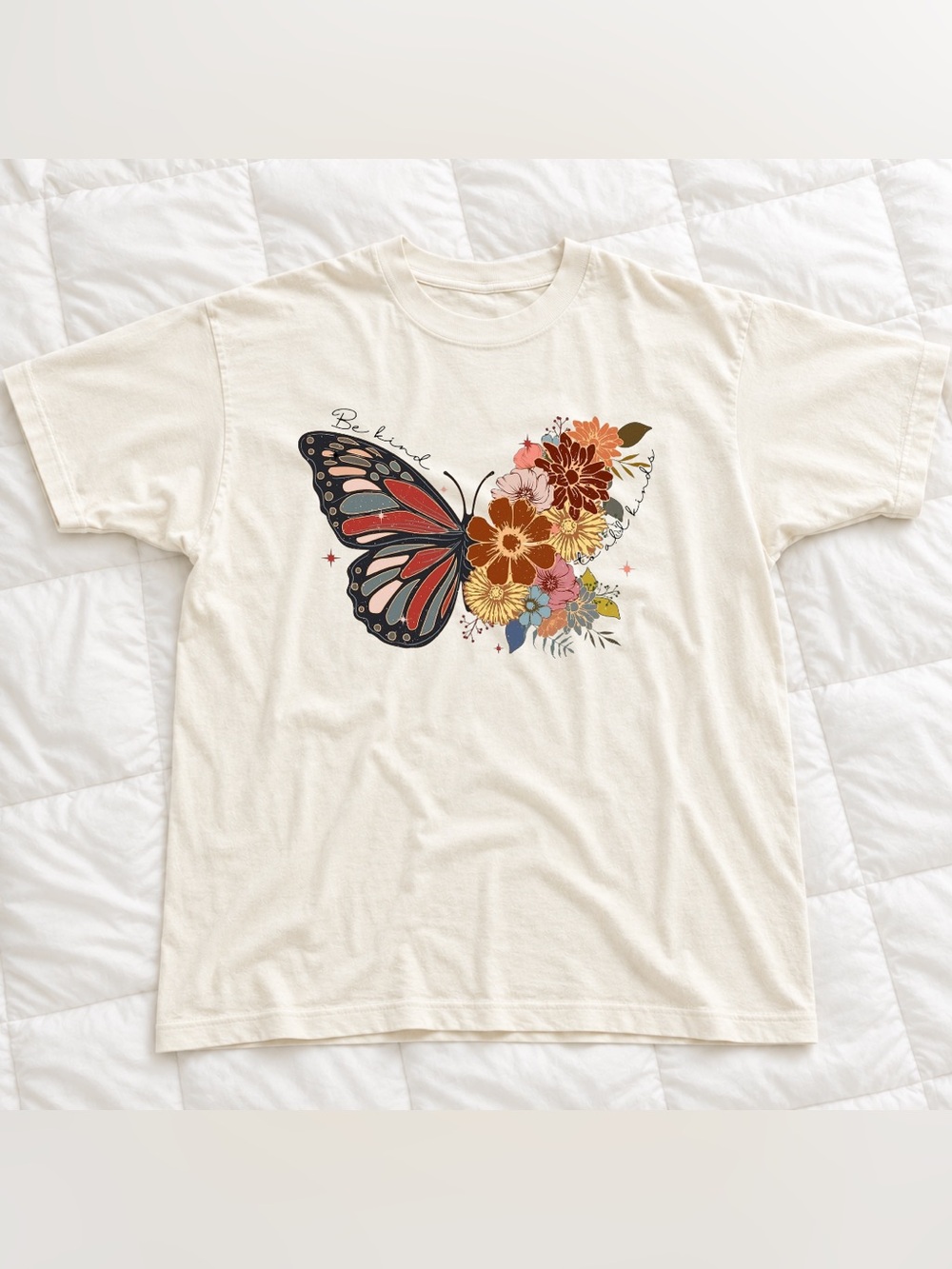Vintage Colorful Butterfly Floral Graphic Tee - Cream Classic